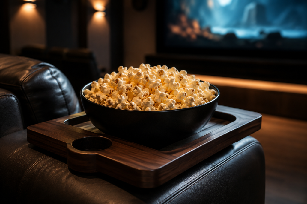 Home theater recliner with snack tray.