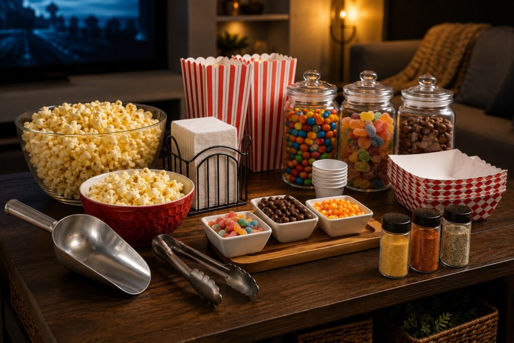 Movie-night serving accessories with popcorn boxes, scoops, bowls, and snack trays