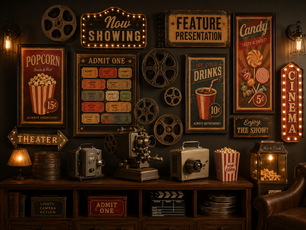 Vintage cinema wall decor with film reels, theater signs, and nostalgic movie-room accessories