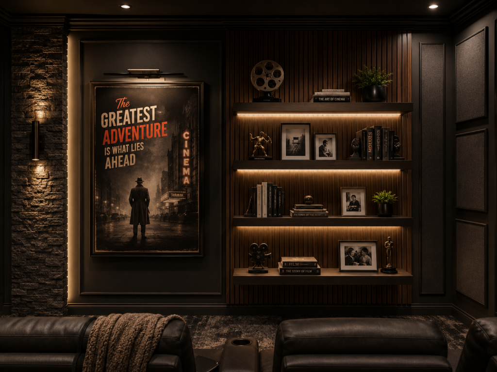 Floating shelves displaying movie memorabilia, collectibles, and small home theater decor pieces