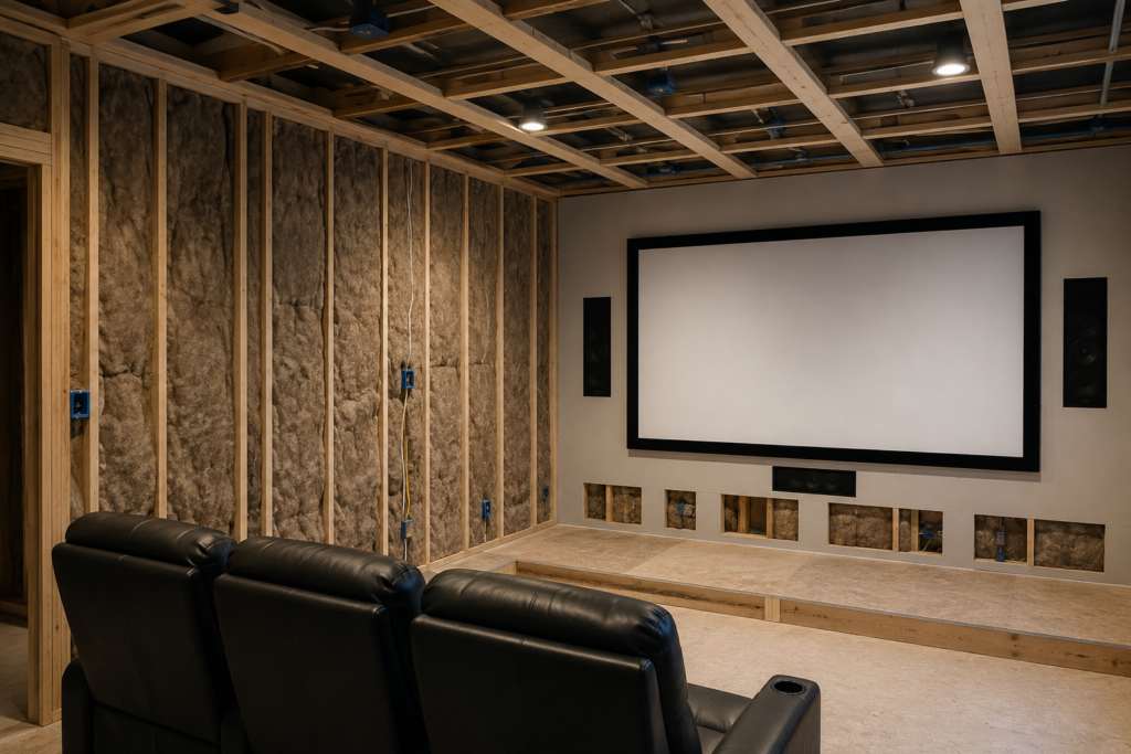 Home theater under construction with wall insulation for sound isolation