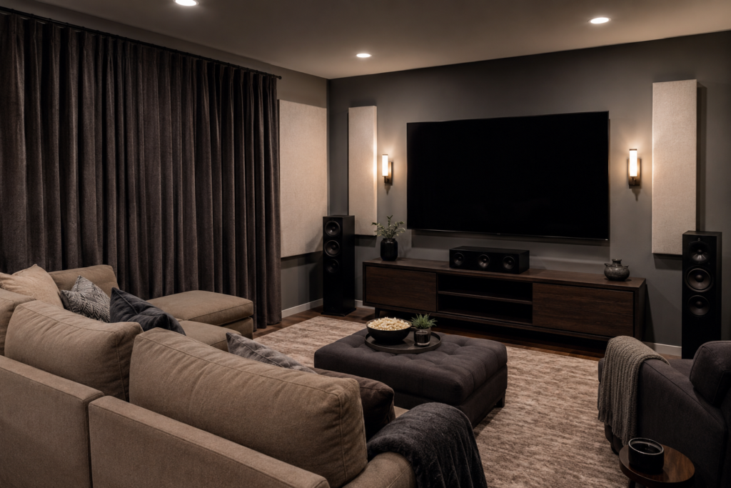 Cozy living room home theater with curtains, rug, speakers, and acoustic wall panels