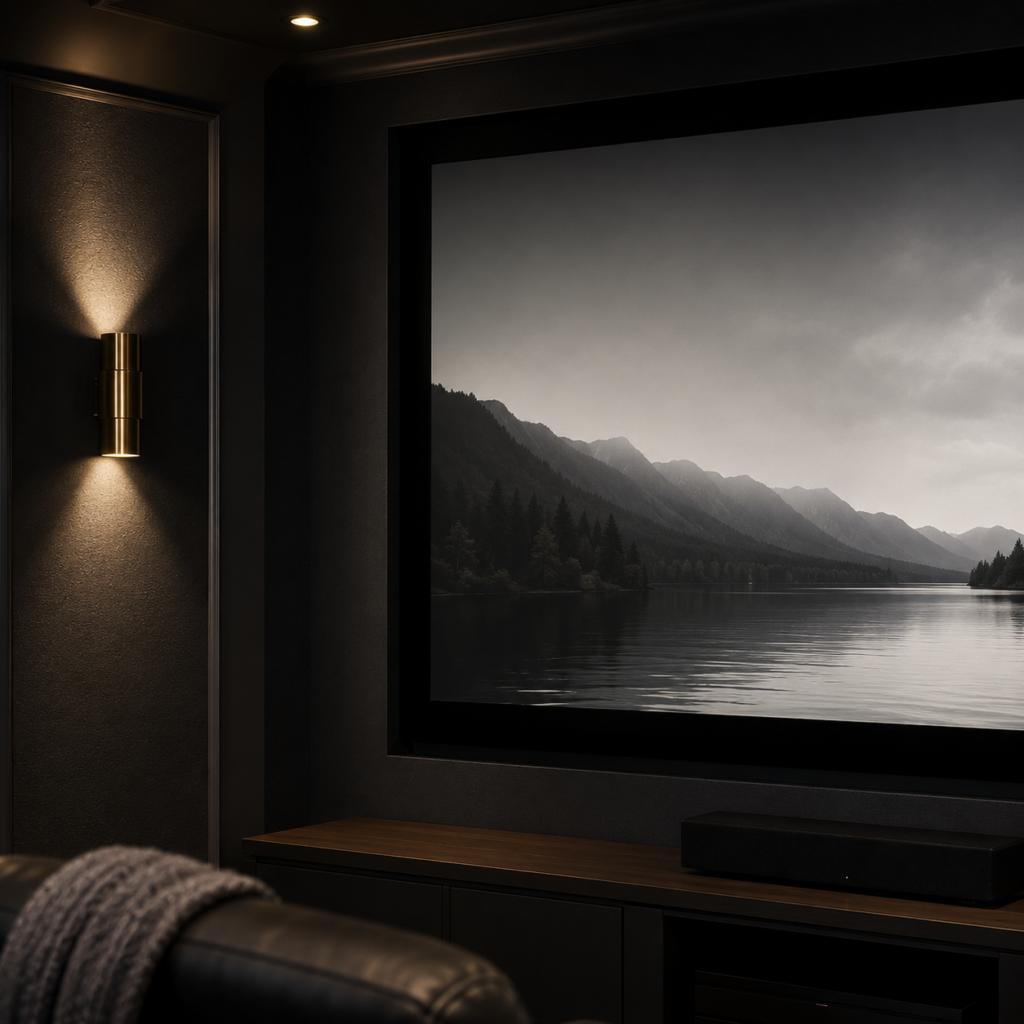 Close-up of a projector screen surrounded by matte dark home theater walls, demonstrating how dark paint colors reduce glare and improve picture quality for an immersive viewing experience.