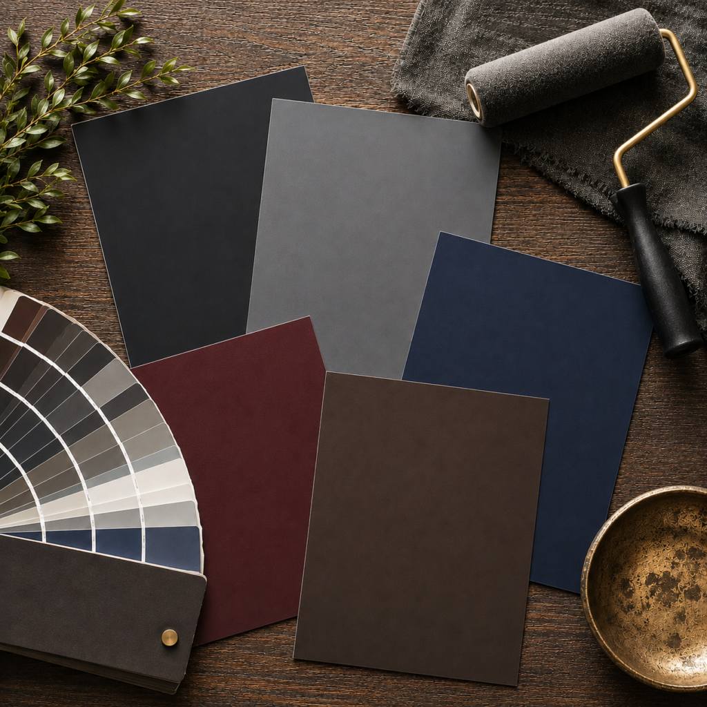 Home theater paint color inspiration featuring matte black, charcoal gray, deep navy, burgundy, and espresso brown paint samples with a paint roller and fan deck on a dark wood surface.