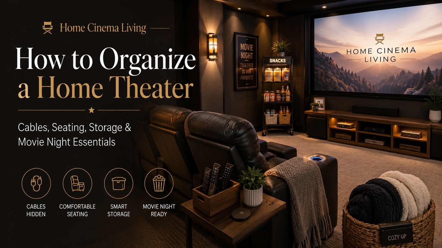 Organized home theater with seating, hidden cables, snack storage, and movie night essentials.