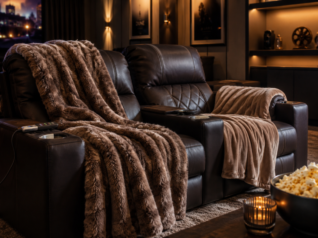 Heated throw blanket on a home theater recliner for a warm and comfortable movie night