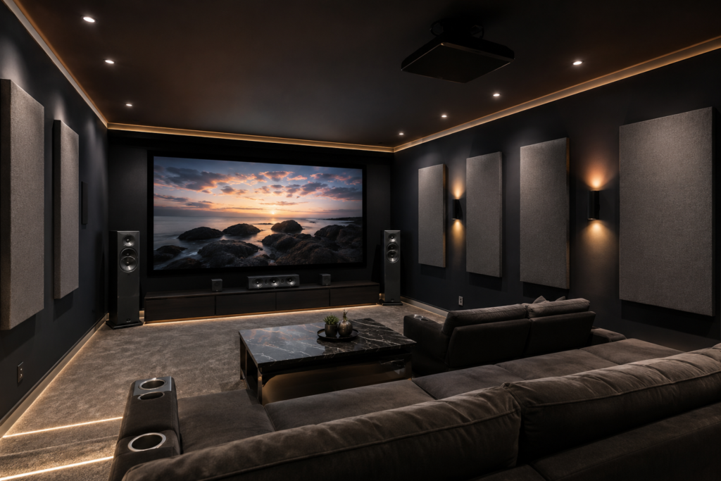 Modern home theater with acoustic wall panels, speakers, projector screen, and cozy seating