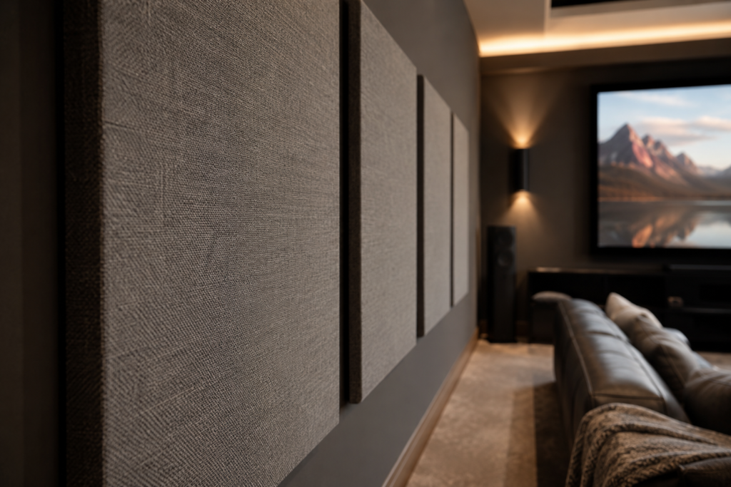 Close-up of fabric acoustic panels on a home theater wall