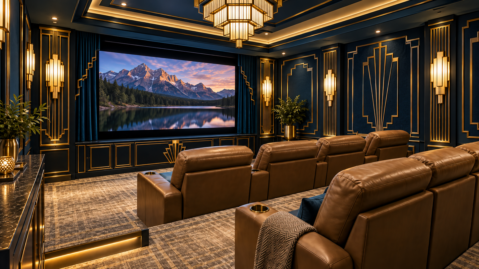 Art Deco home theater with teal walls, brass geometric detailing, warm wall sconces, leather recliners facing a large movie screen, and elegant cinematic styling.