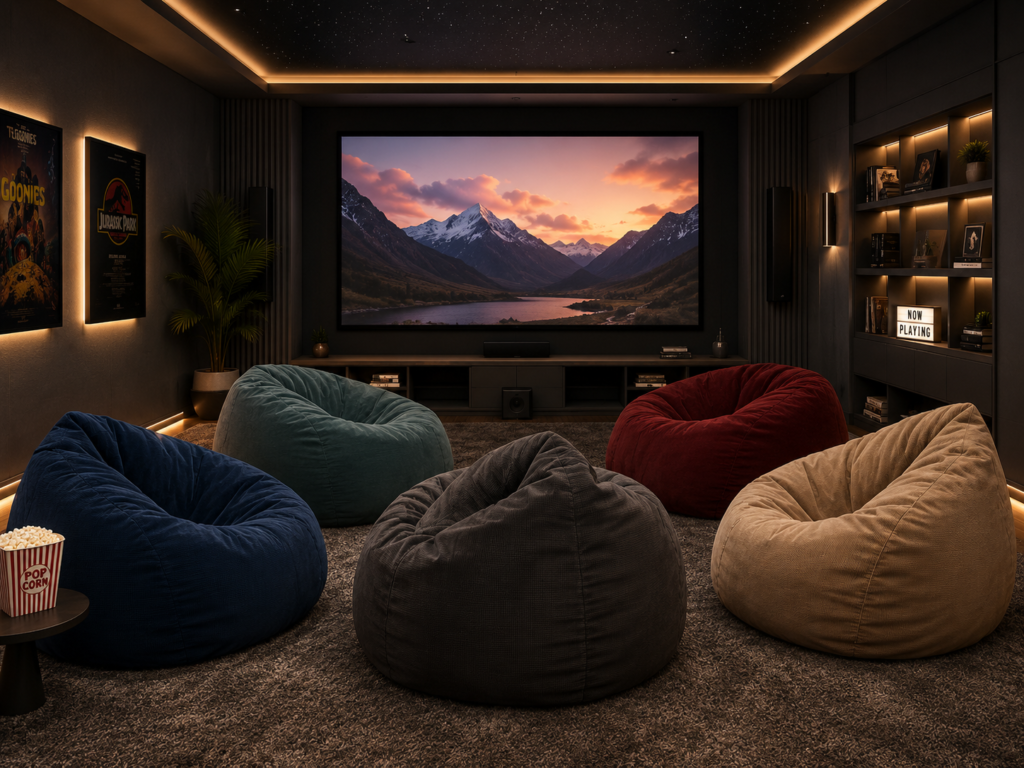 Family home theater with bean bag chairs, floor cushions, and cozy seating for kids