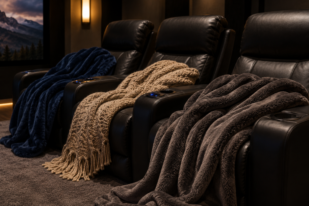 Plush throw blanket on home theater seating for a cozy movie-night setup