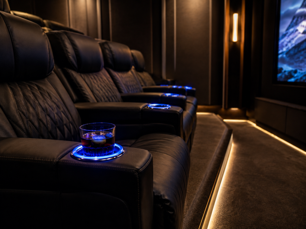 Home theater seating with LED cup holders and soft ambient lighting