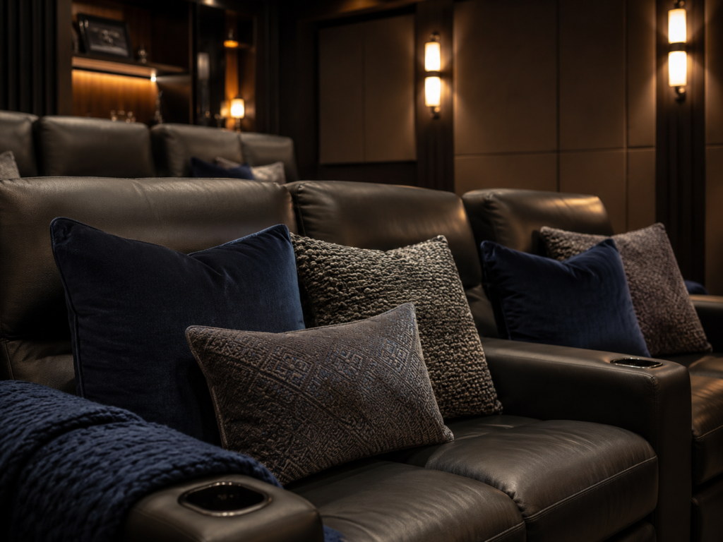 Decorative accent pillows on home theater seating with soft lighting and cozy movie-room decor