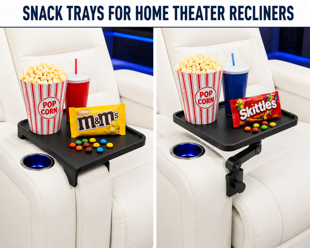 Home theater snack tray with popcorn, drinks, candy, and remote controls beside theater seating