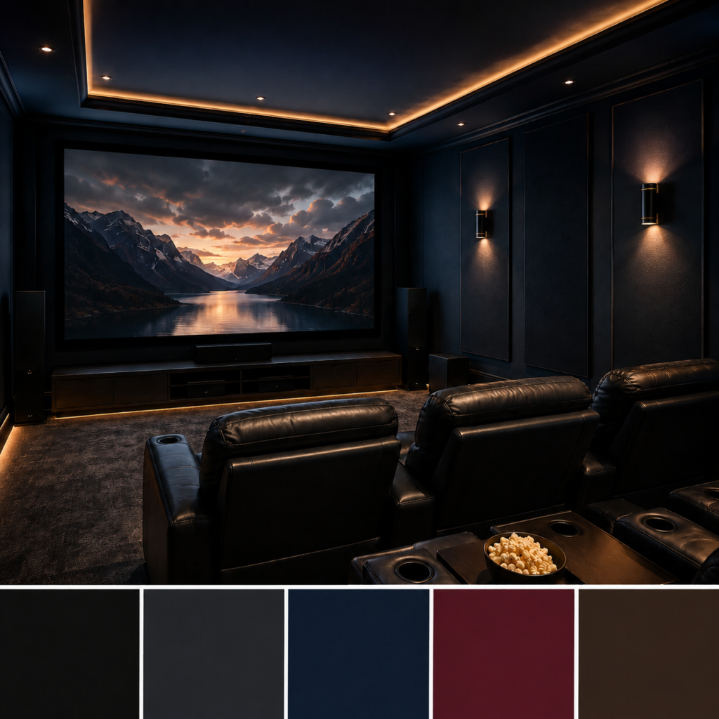Modern home theater with dark navy walls, black leather recliners, warm recessed lighting, and a large projector screen displaying a mountain landscape. Paint swatches below feature matte black, charcoal gray, deep navy, burgundy, and espresso brown.