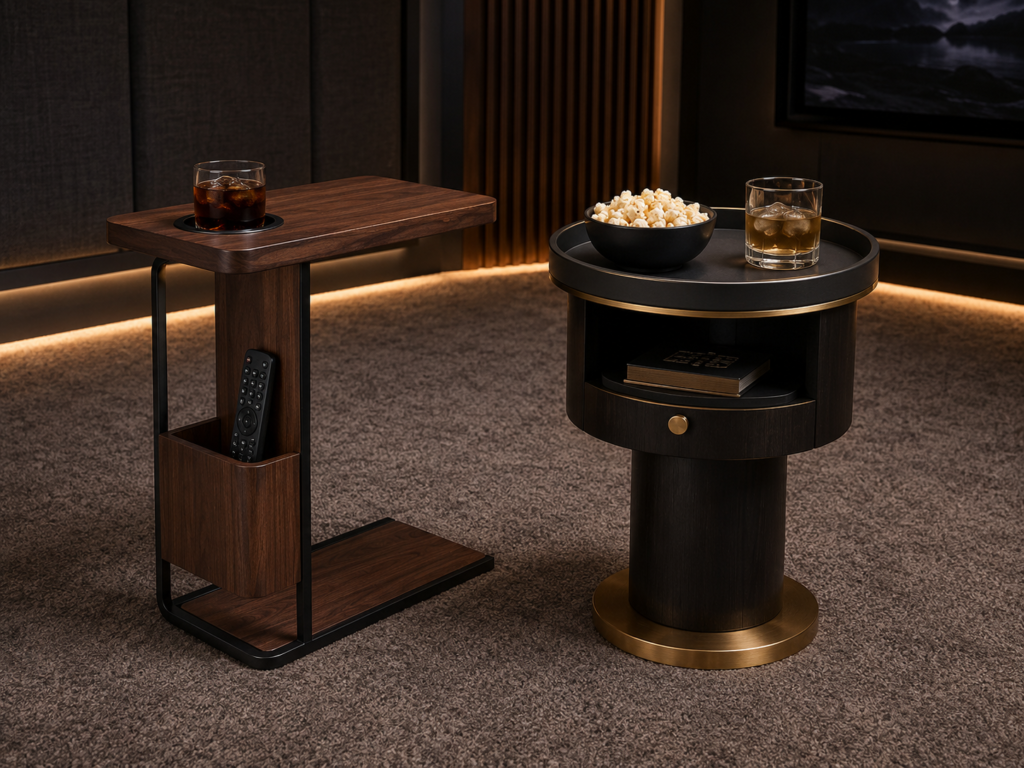 Home theater side table with remote organizer, phone, charger, and movie-night essentials