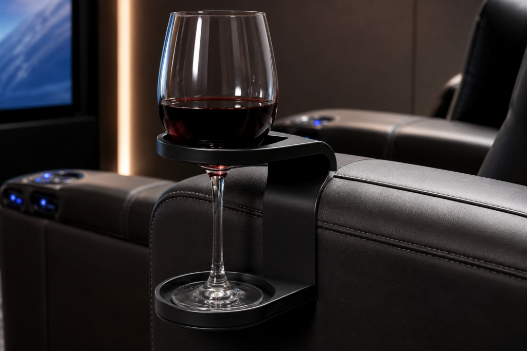 Wine glass holder attached to home theater seating for a relaxing movie night