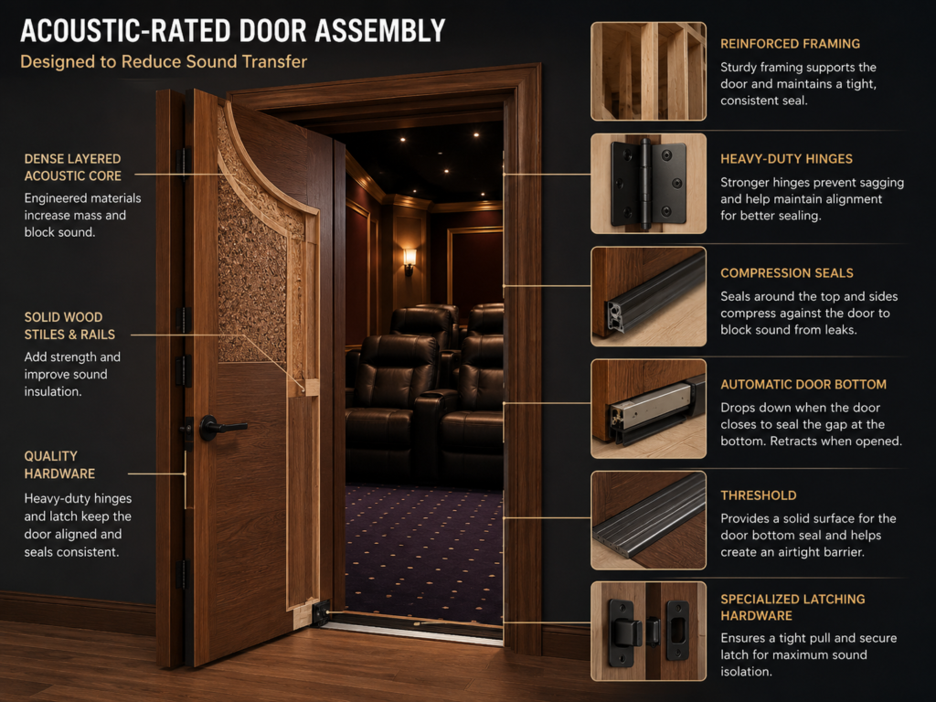 Labeled acoustic-rated home theater door showing a dense layered core, reinforced frame, heavy-duty hinges, compression seals, automatic door bottom, threshold, and specialized latch.
