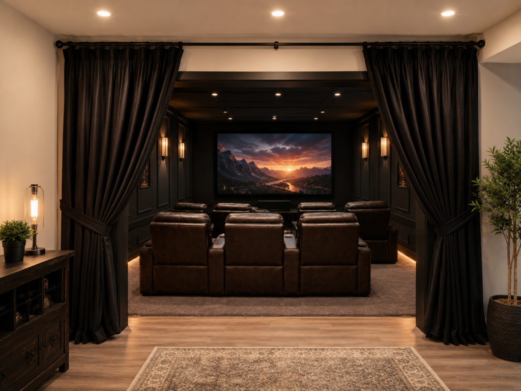 Basement home theater entrance framed by black blackout curtains, with leather recliners facing a large screen inside the room.