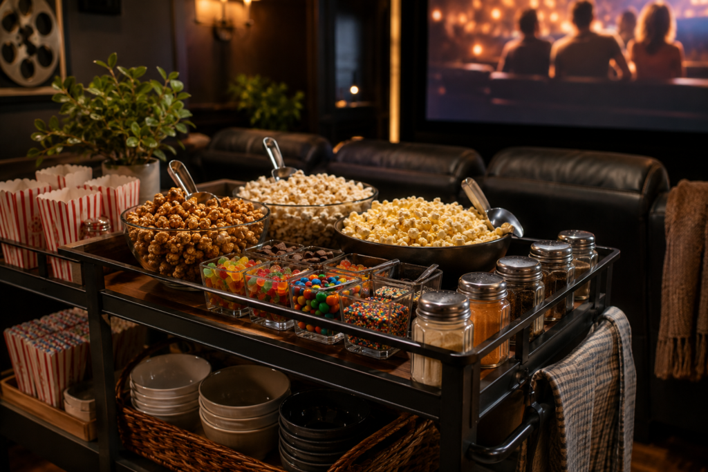 Close-up of a home theater popcorn bar with popcorn buckets, toppings, candy jars, scoops, and seasoning shakers