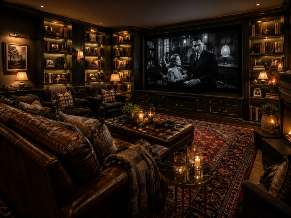 Home theater lounge with a library-inspired design, built-in shelving, warm lighting, and comfortable seating for a cozy cinematic feel.