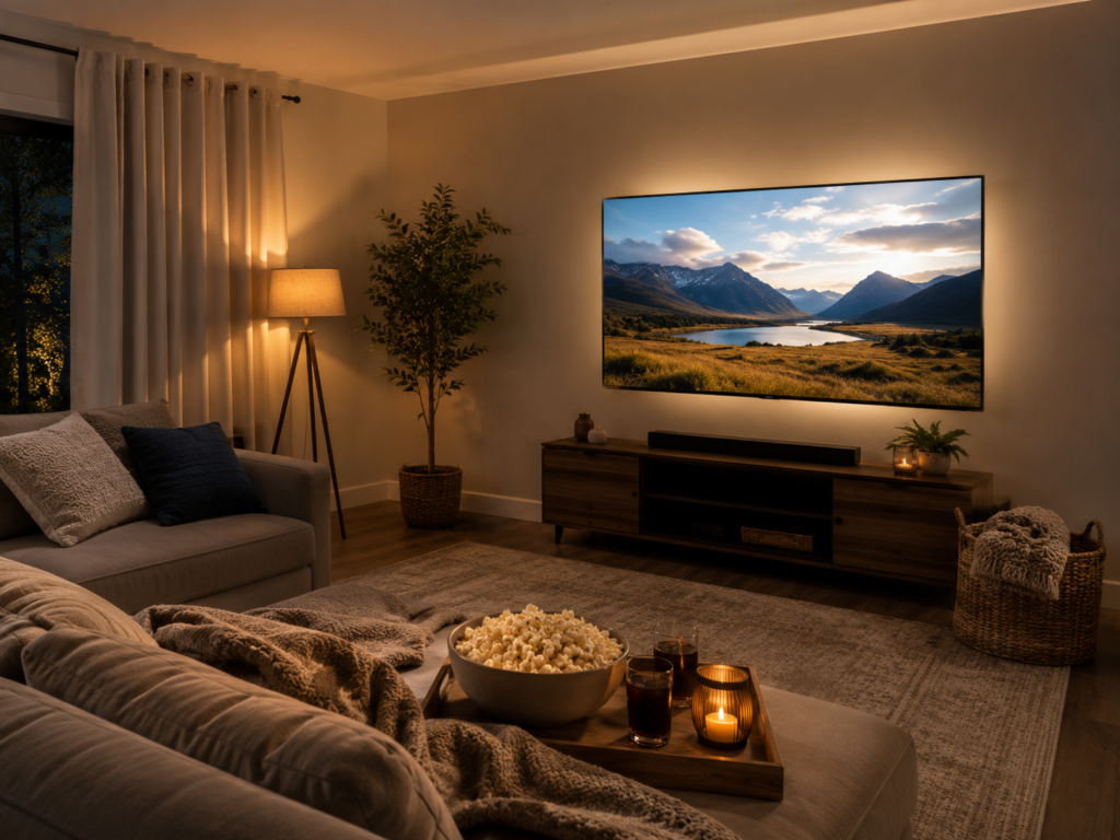 Cozy living room movie night setup with a soft sofa, throw blankets, pillows, TV backlighting, dim lamps, curtains, a storage basket, and a lap tray with popcorn and drinks.