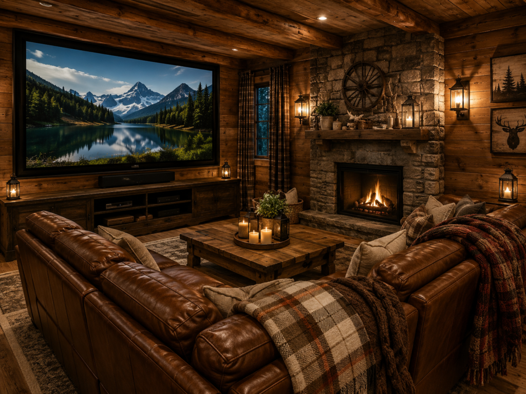 Rustic home theater with warm wood tones, cozy seating, and a cabin-inspired movie-room atmosphere.