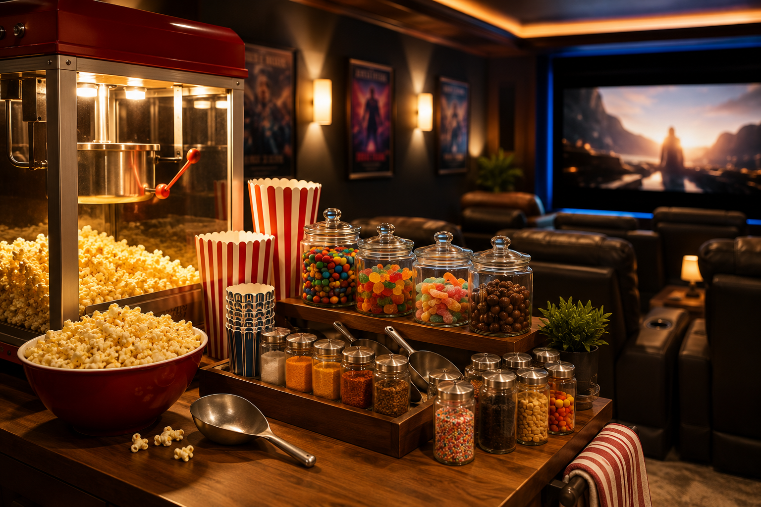 Home theater snack bar with popcorn machine, popcorn bowls, candy jars, seasoning shakers, scoops, and cozy movie-room seating in the background