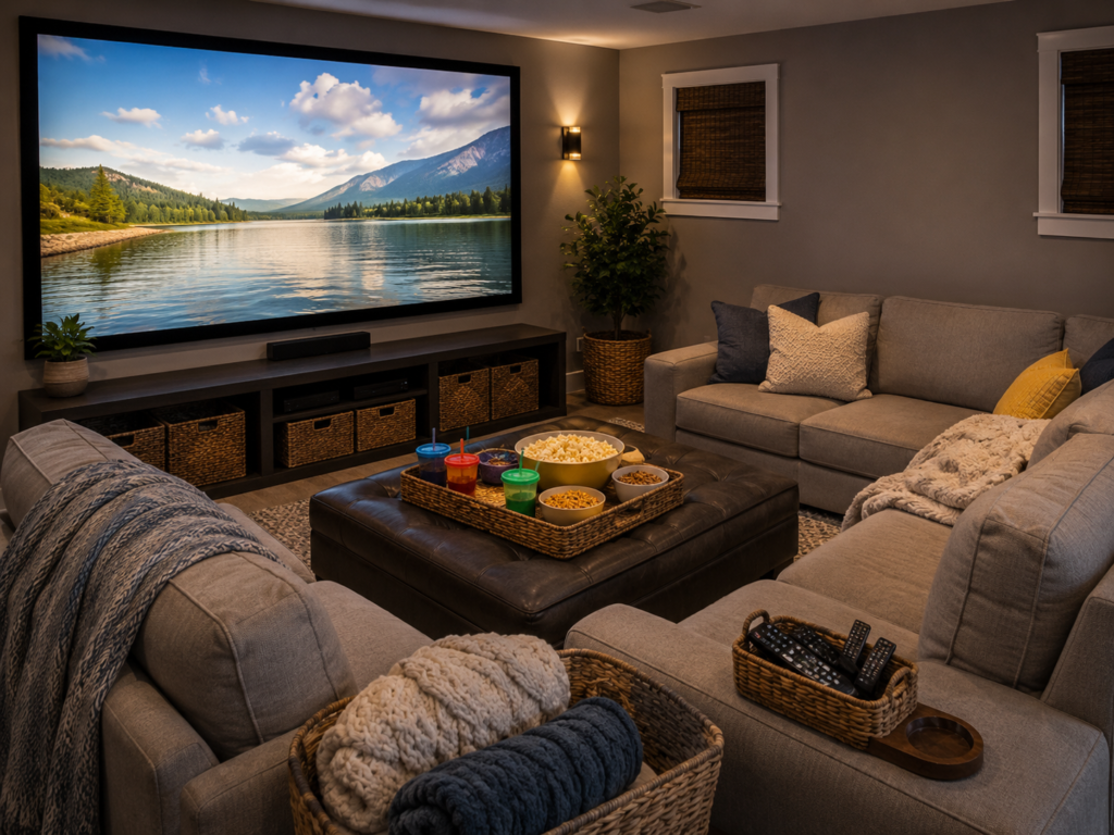 Family-friendly movie room with a durable sectional sofa, storage ottoman, baskets for blankets and remotes, reusable popcorn bowls, kid-friendly cups, and a large screen with a scenic landscape.