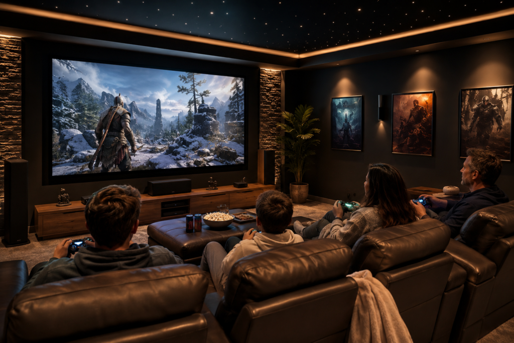 Family playing video games together in a home theater with large screen, recliner seating, and snack table