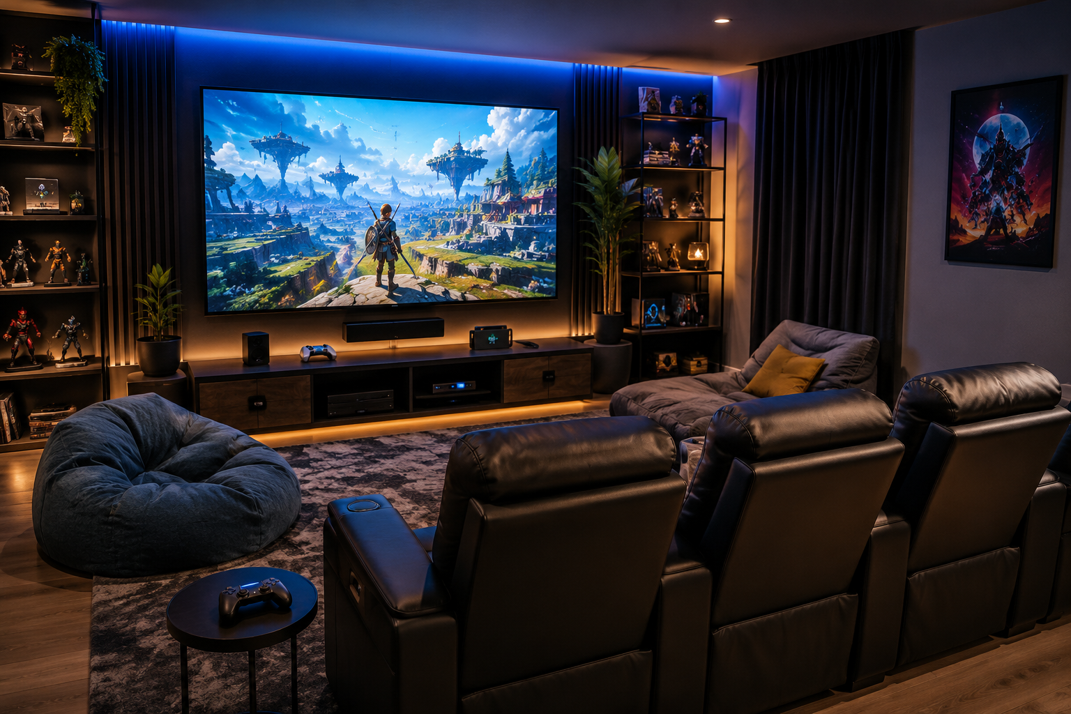 Home theater gaming setup with large screen, recliner seating, game controllers, and blue accent lighting
