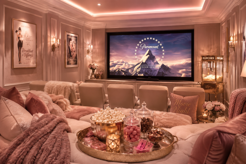 Glam home theater with plush seating, soft lighting, gold accents, glass candy jars, and a polished snack setup for an elegant movie night.