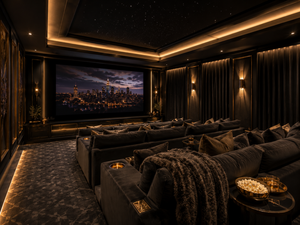 Luxury home theater with elegant seating, dramatic lighting, and a polished upscale design overlooking a city view.