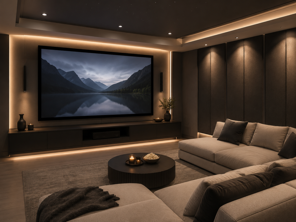 Modern minimalist home theater with clean lines, neutral tones, sleek seating, and a calm, uncluttered movie-room design.
