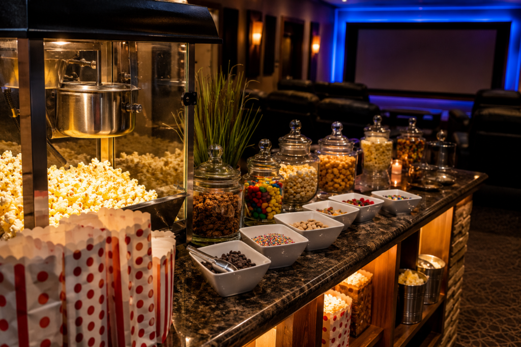 Luxury home theater snack bar with popcorn machine, candy jars, warm lighting, dark walls, and theater seating