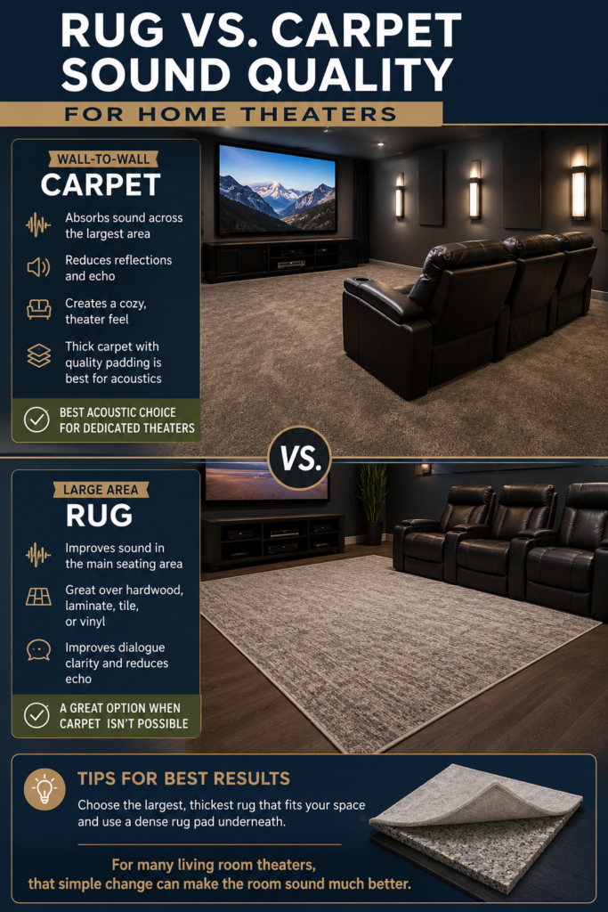 Home theater flooring infographic comparing carpet and area rugs for sound absorption, echo reduction, dialogue clarity, and cozy theater comfort