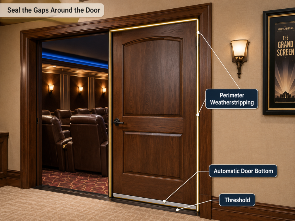 Labeled solid wood home theater door showing perimeter weatherstripping, an automatic door bottom, and a threshold for reducing sound and light leakage.