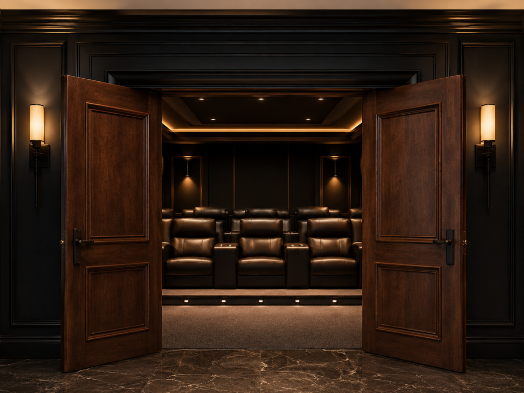 Solid wood double doorway opening into a warmly lit home theater with leather recliners and classic cinema-style details.