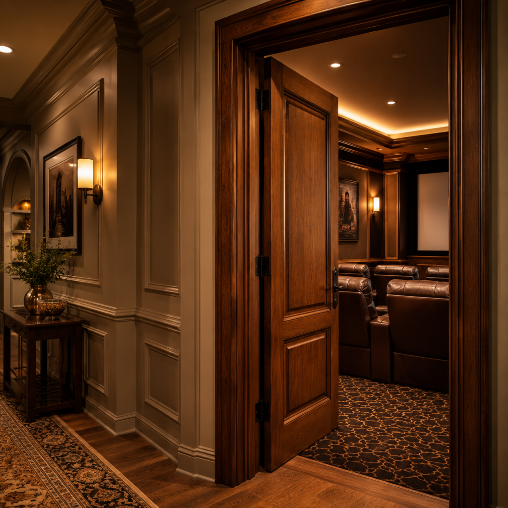 Solid wood door opening from an elegant hallway into a warmly lit home theater with leather recliners and classic wall details.