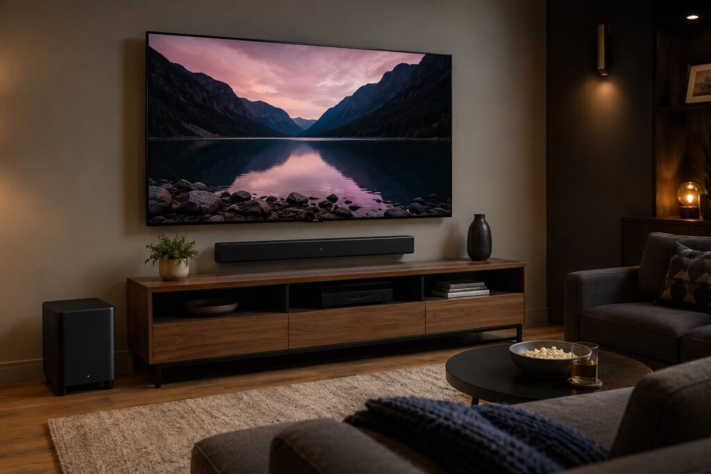Cozy media room with a wall-mounted TV, soundbar, subwoofer, and movie-night seating