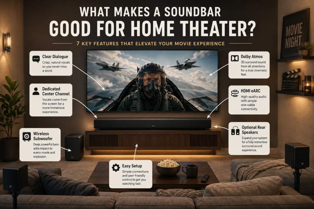 Key home theater soundbar features including clear dialogue, Dolby Atmos, HDMI eARC, a wireless subwoofer, and rear speakers