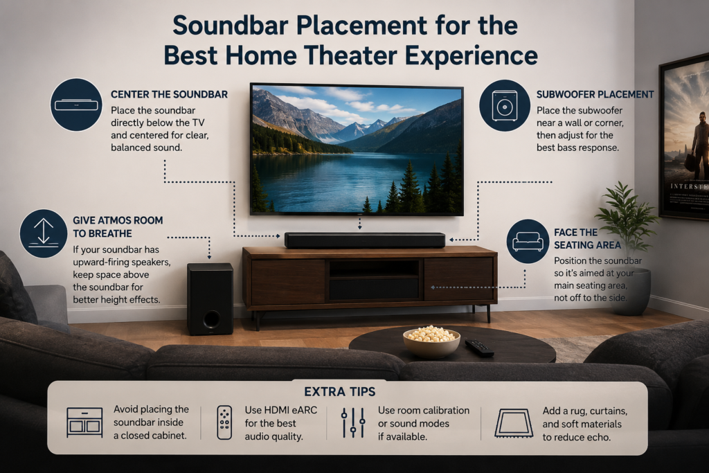 Soundbar placement below a TV, subwoofer positioning, seating alignment, and home theater setup tips