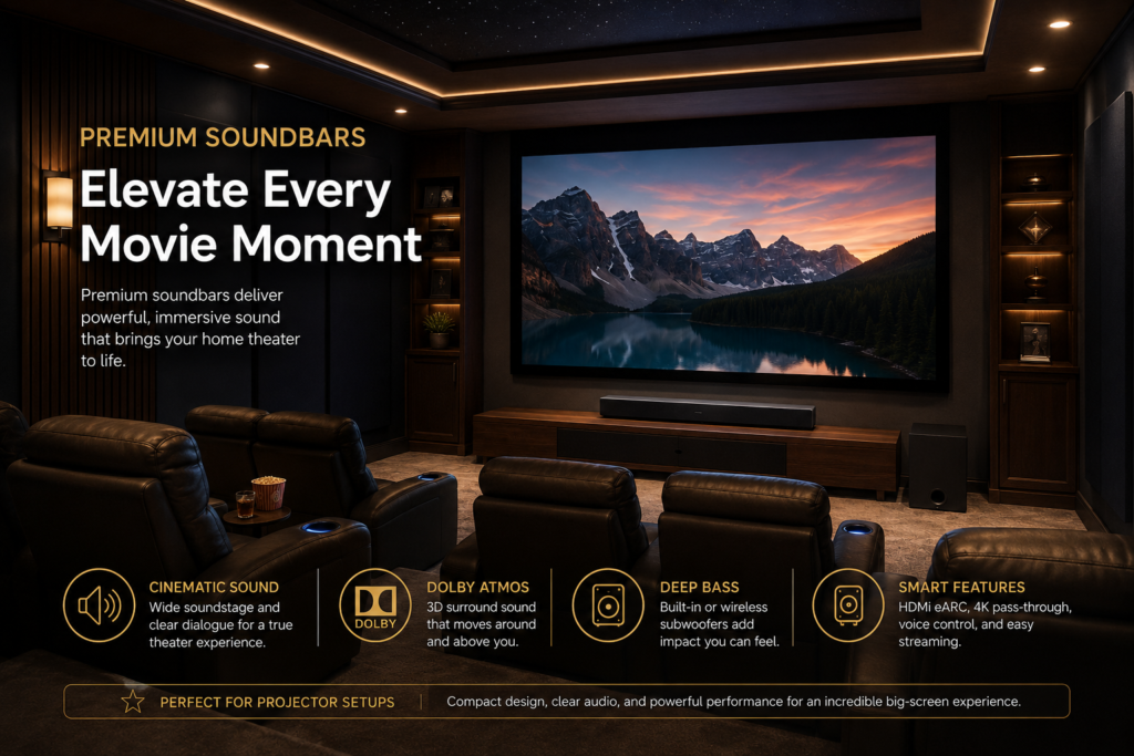 Luxury home theater with leather recliners, a large screen, premium soundbar, subwoofer, and cinematic lighting