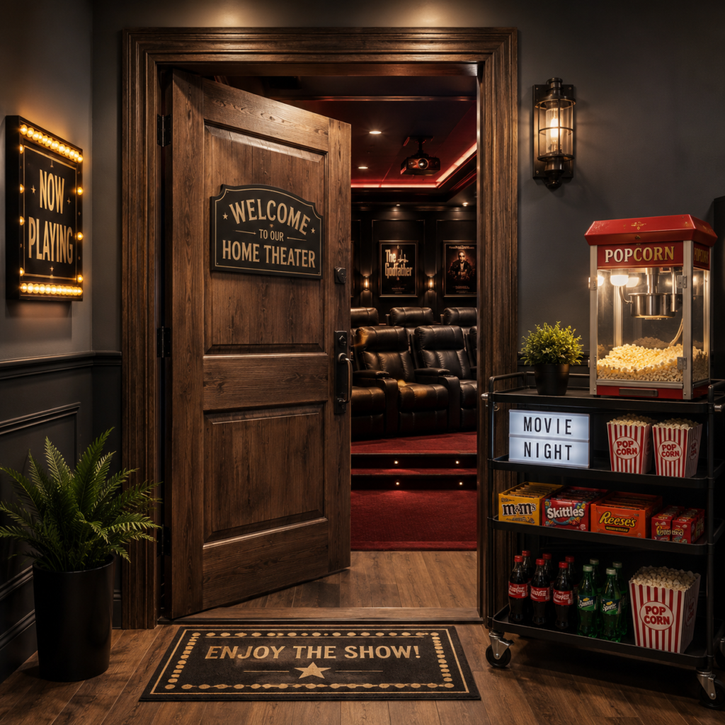 Open solid wood door leading into a dark home theater with leather recliners, a welcome sign, popcorn machine, candy, drinks, and a movie-night snack cart.