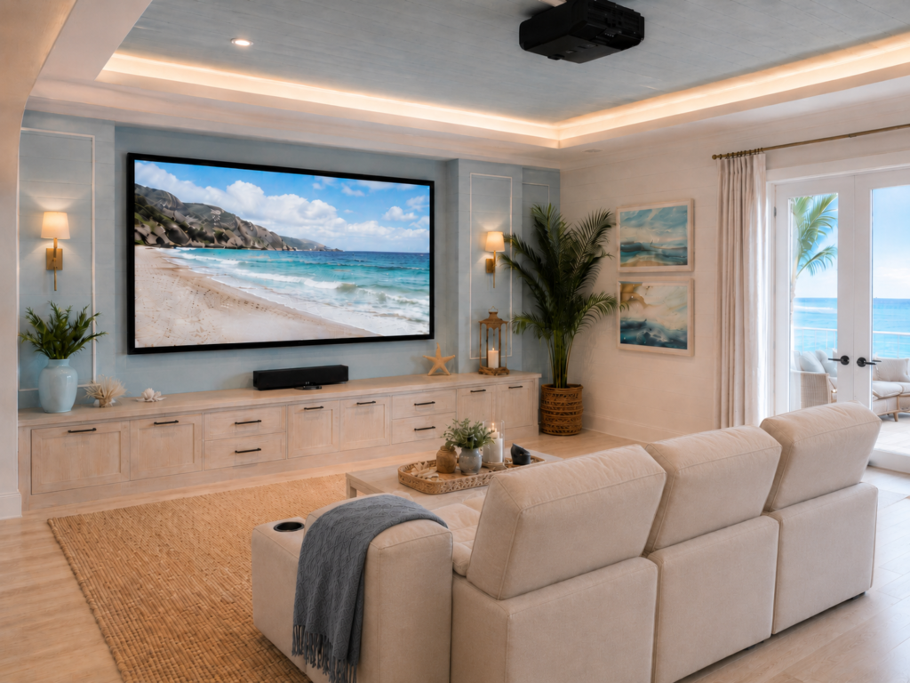 Coastal home theater with sofa-style recliners, a front cup holder, soft blue accents, beach-inspired decor, ocean views, and a large screen