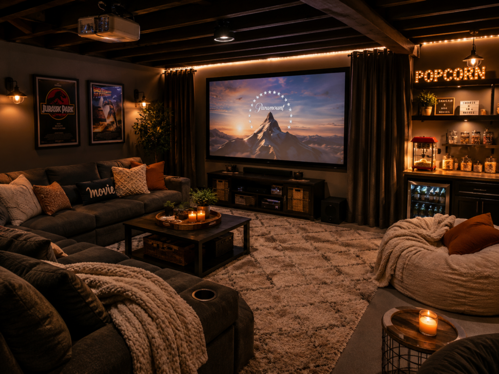 Cozy basement movie room with soft seating, warm lighting, exposed ceiling beams, large area rug, blankets, movie wall decor, and a popcorn snack station