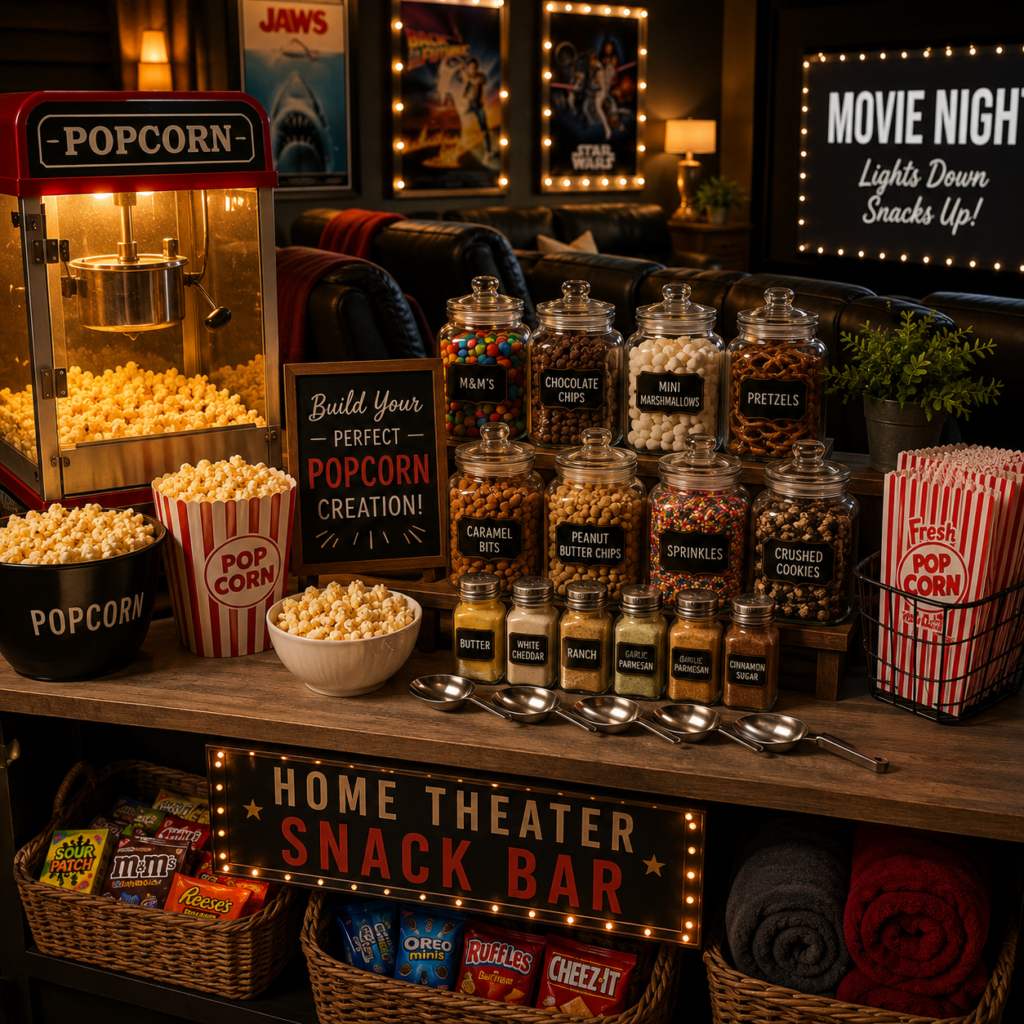 Home theater snack bar with popcorn machine, glass jars of toppings, popcorn buckets, candy, seasonings, and cozy movie-night seating