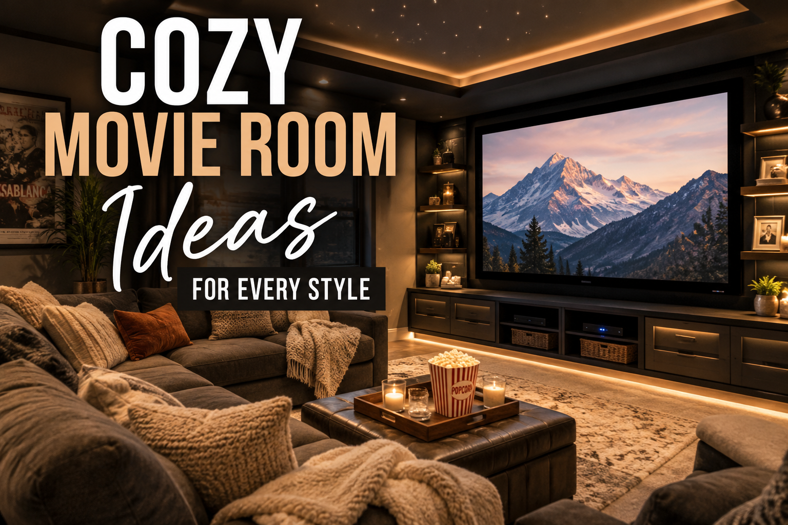Cozy movie room with plush seating, warm lighting, blankets, popcorn, built-in shelves, and a large screen for movie night