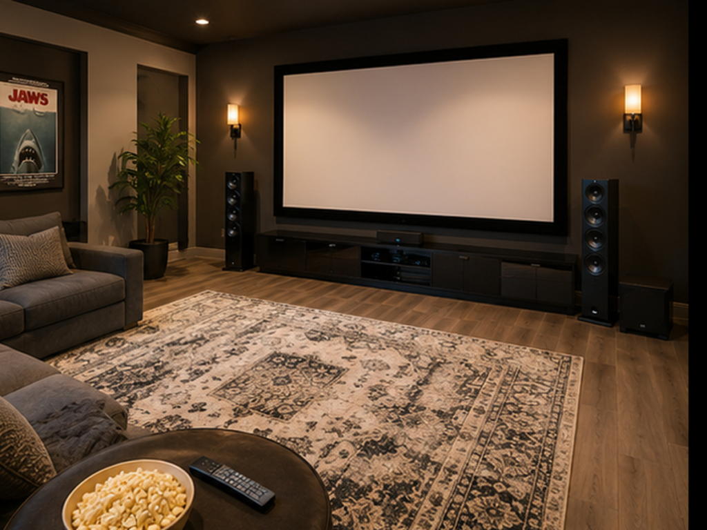 Modern living room home theater with wood flooring, a large patterned area rug, sectional seating, speakers, and a projection screen.