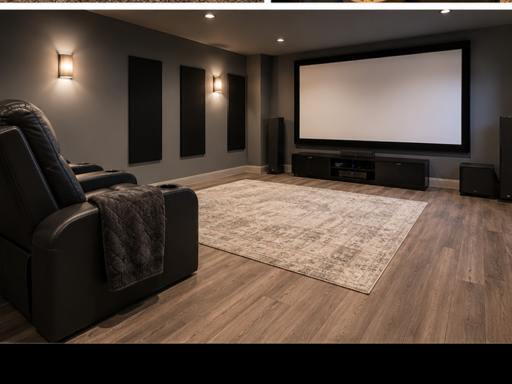Home theater with wood-look flooring, a large neutral area rug, leather recliners, wall-mounted acoustic panels, and a projection screen.